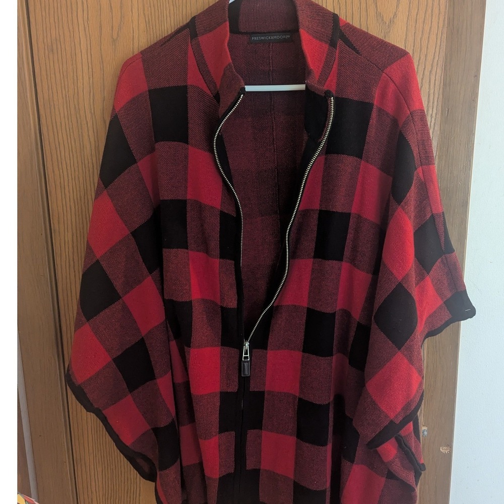 Preswick & Moore Red Black Buffalo Plaid Zip Front Poncho Wrap Cotton Blend L/XL